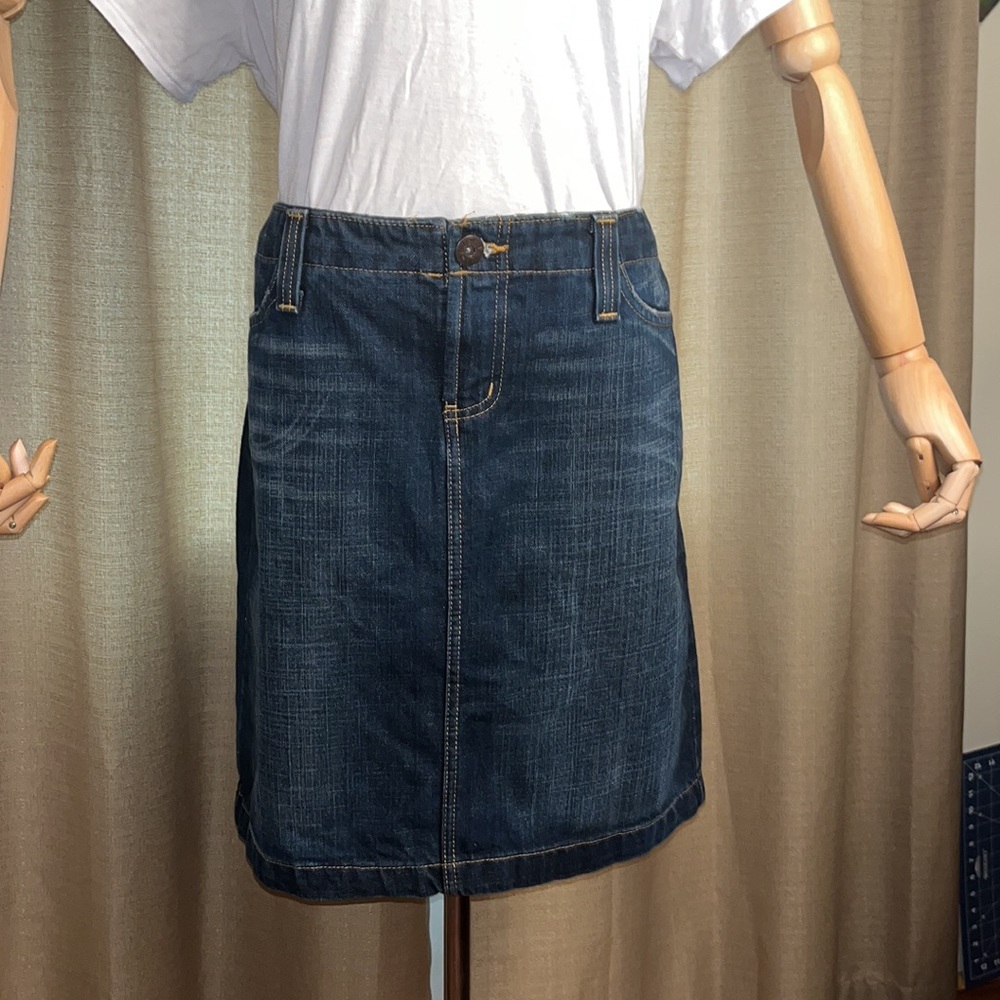Authentic LEI Denim Blue Jean Skirt Distressed Pockets Button Fly Size 13